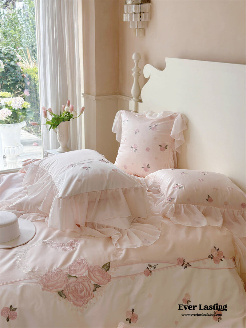 Floral Embroidered Ruffle Bedding Set
