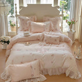 Floral Embroidered Ruffle Bedding Set Pink / Medium Flat