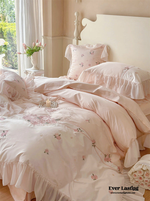 Floral Embroidered Ruffle Bedding Set