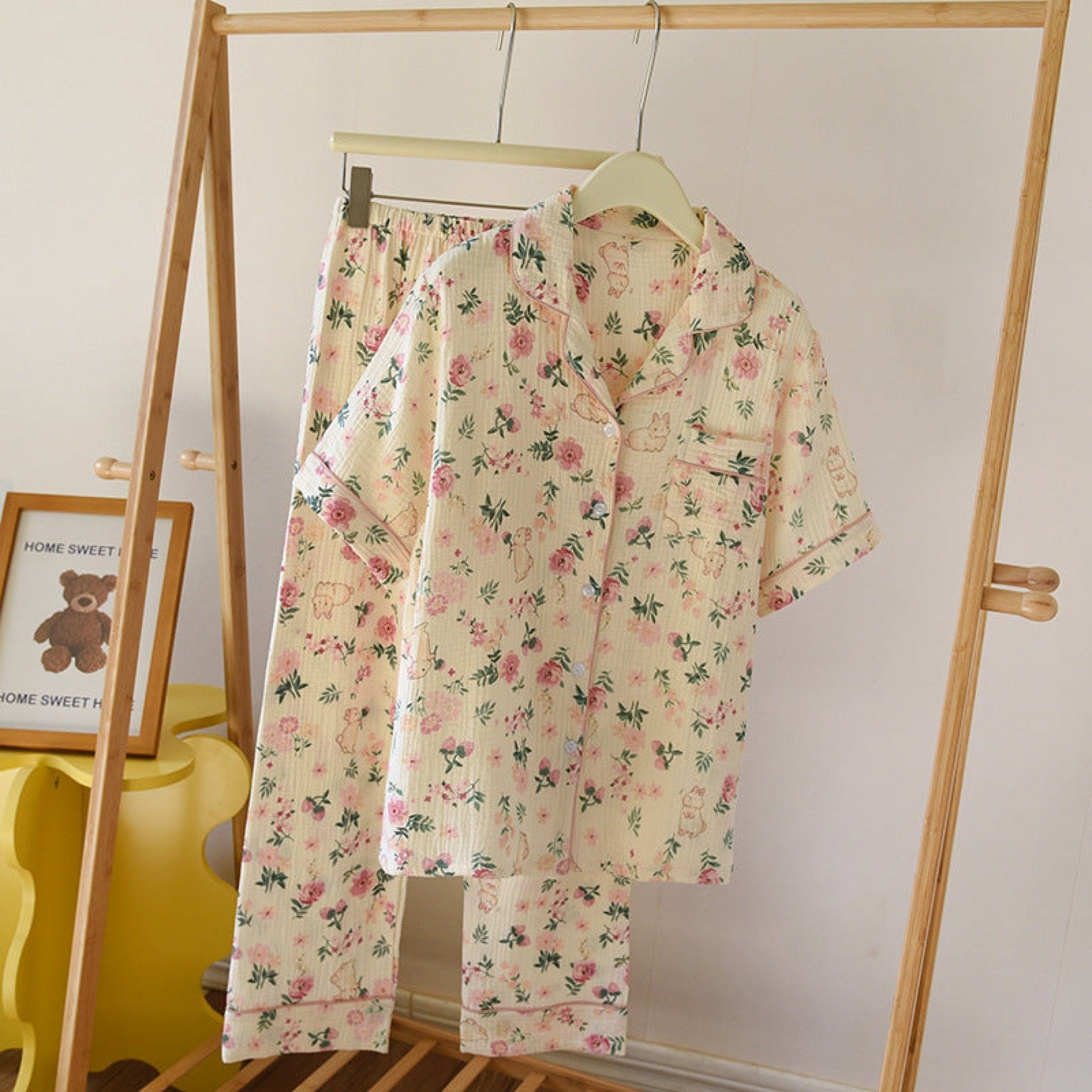 Floral Garden Short Sleeves and Pants Cotton Pajama Set / Beige - Ever Lasting