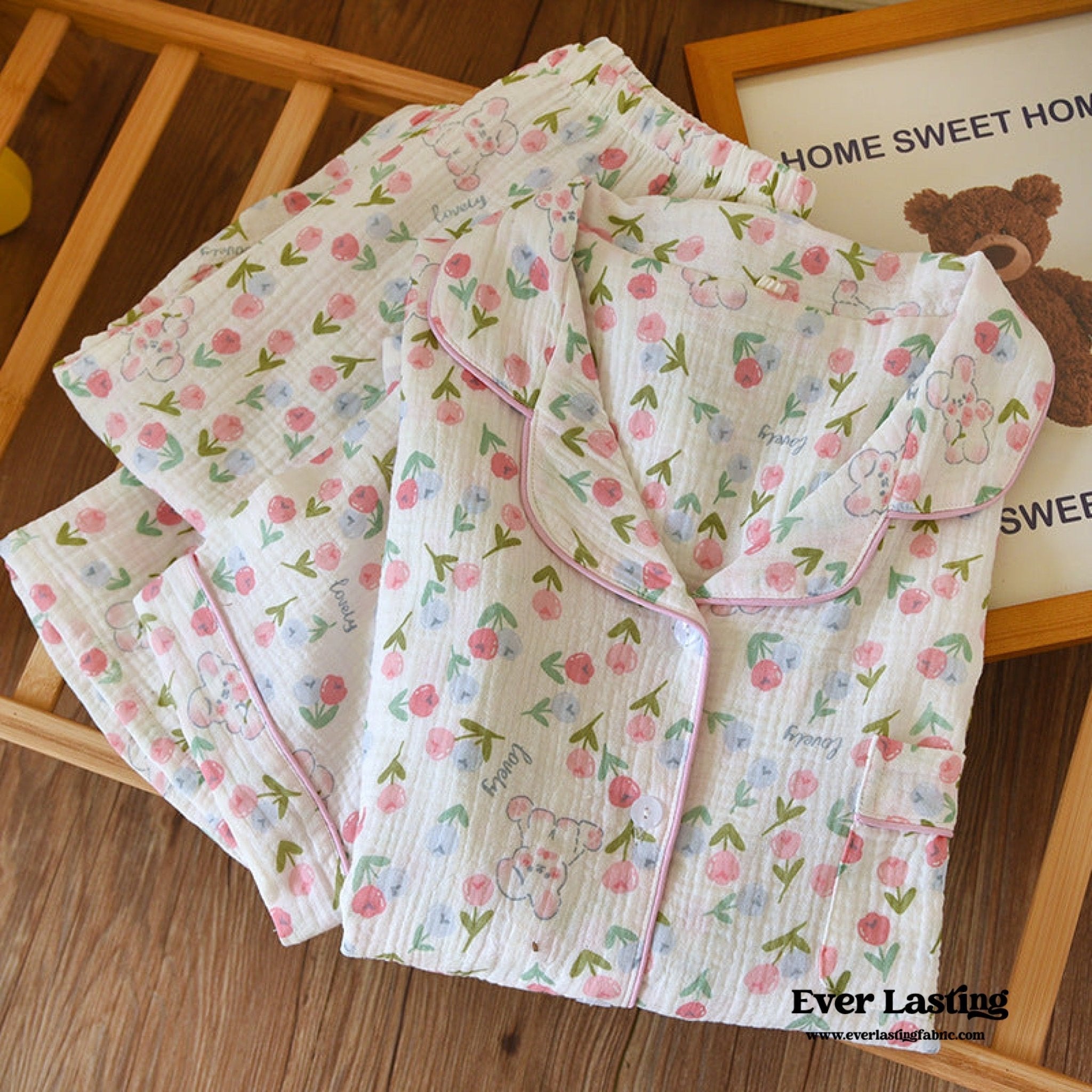 Floral Garden Short Sleeves and Pants Cotton Pajama Set / Beige - Ever Lasting