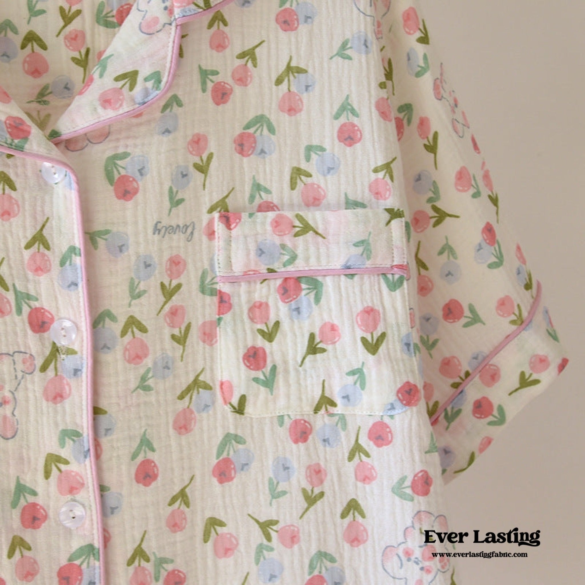 Floral Garden Short Sleeves and Pants Cotton Pajama Set / Beige - Ever Lasting