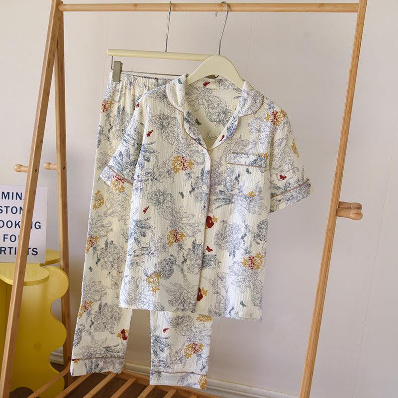 Floral Garden Short Sleeves And Pants Cotton Pajama Set / Beige Blue Small/Medium Pajamas