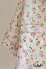 Floral Garden Short Sleeves And Pants Cotton Pajama Set / Beige Pajamas