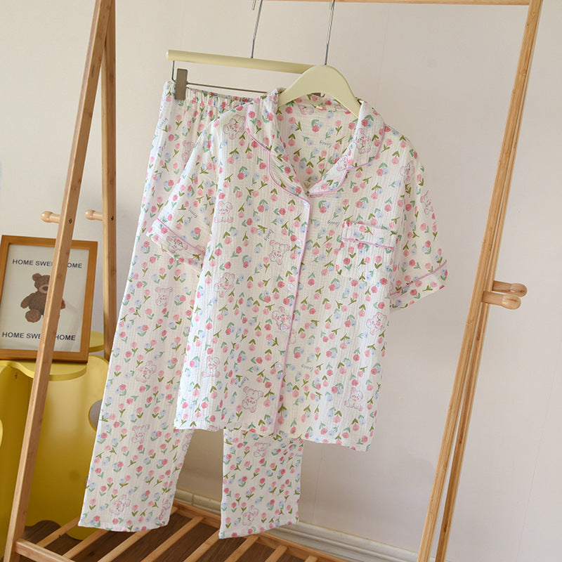 Floral Garden Short Sleeves And Pants Cotton Pajama Set / Beige White Small/Medium Pajamas