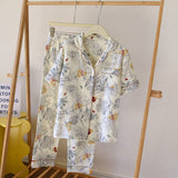 Floral Garden Short Sleeves And Pants Cotton Pajama Set / White Blue Small/Medium Pajamas