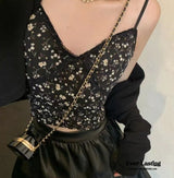 Floral Lace Padded Cami Tank / Black Top
