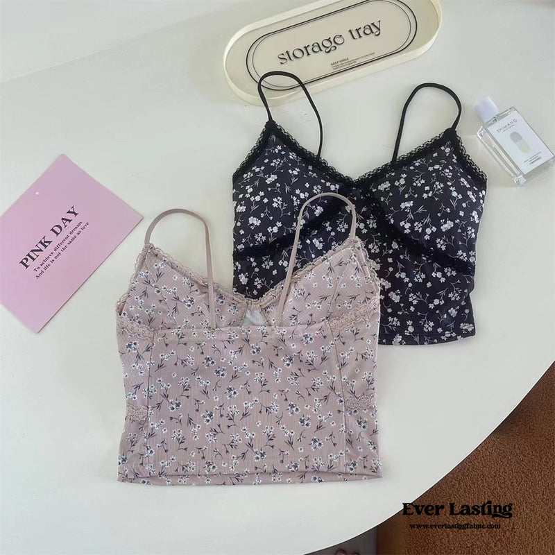 Floral Lace Padded Cami Tank / Pink Top
