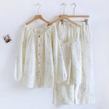 Floral Lace Tank Top And Long Pants With Cardigan Cotton Pajama Set Beige + Cream / Small/Medium