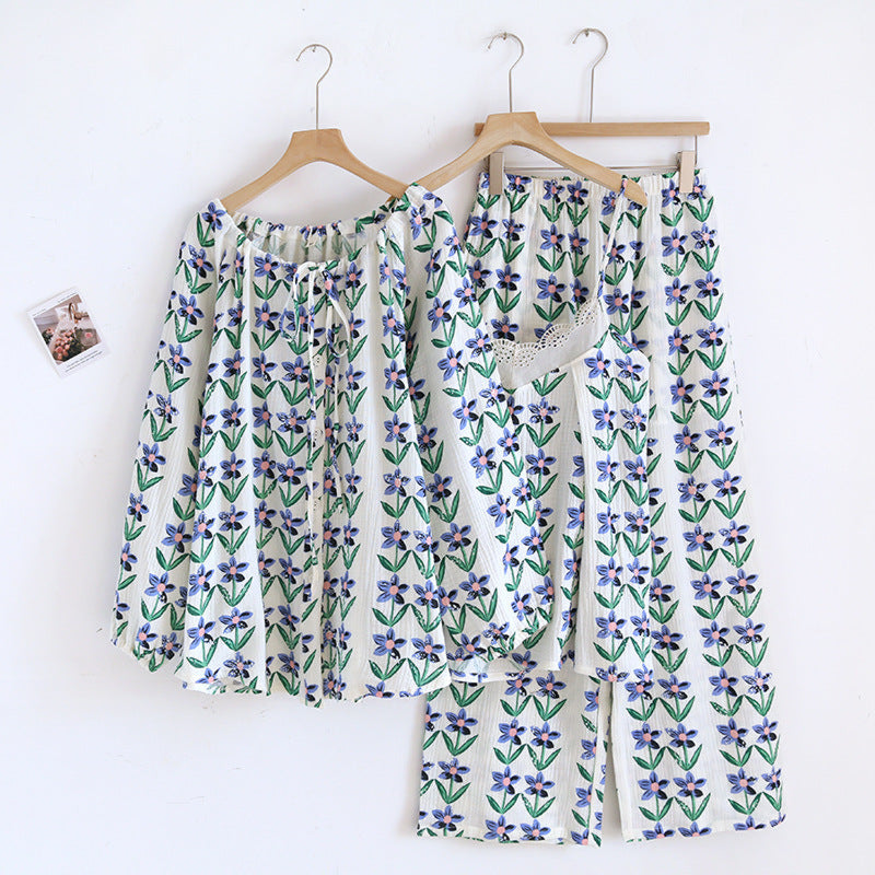 Floral Lace Tank Top And Long Pants With Cardigan Cotton Pajama Set Blue + Green / Small/Medium