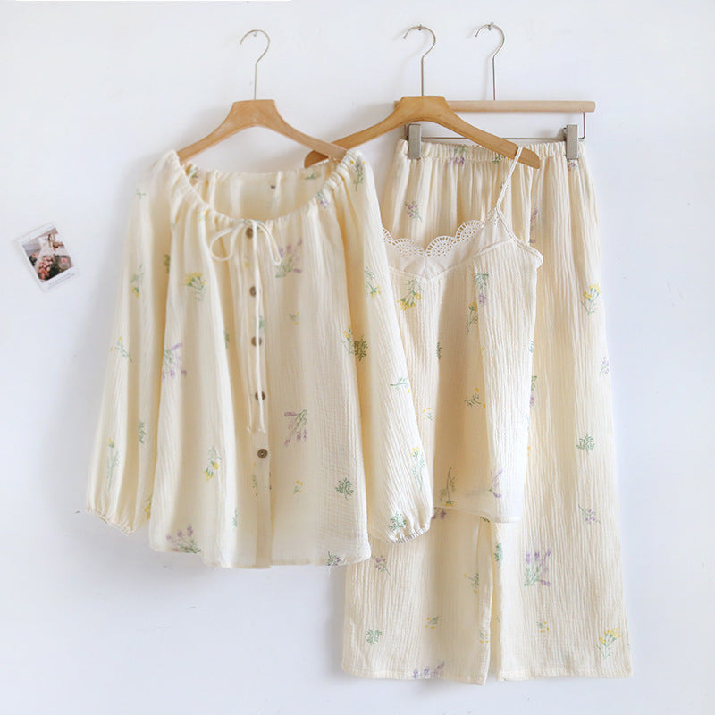 Floral Lace Tank Top And Long Pants With Cardigan Cotton Pajama Set Cream / Small/Medium Pajamas