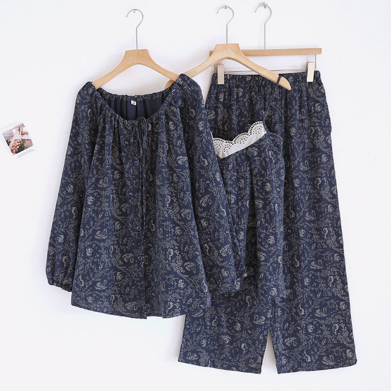 Floral Lace Tank Top And Long Pants With Cardigan Cotton Pajama Set Dark Blue / Small/Medium Pajamas