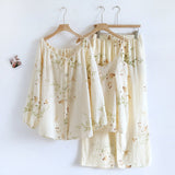 Floral Lace Tank Top And Long Pants With Cardigan Cotton Pajama Set Green + Cream / Small/Medium