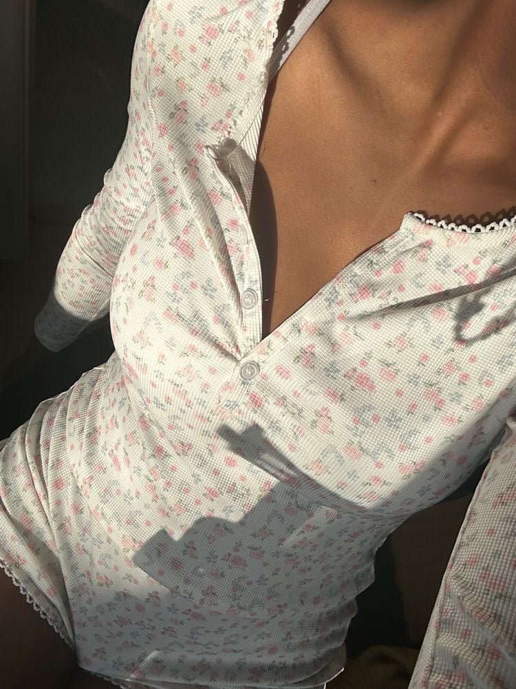  - Ever Lasting - Floral Pajama Long Sleeves Bodysuit / Pink - Pajamas - Ever Lasting