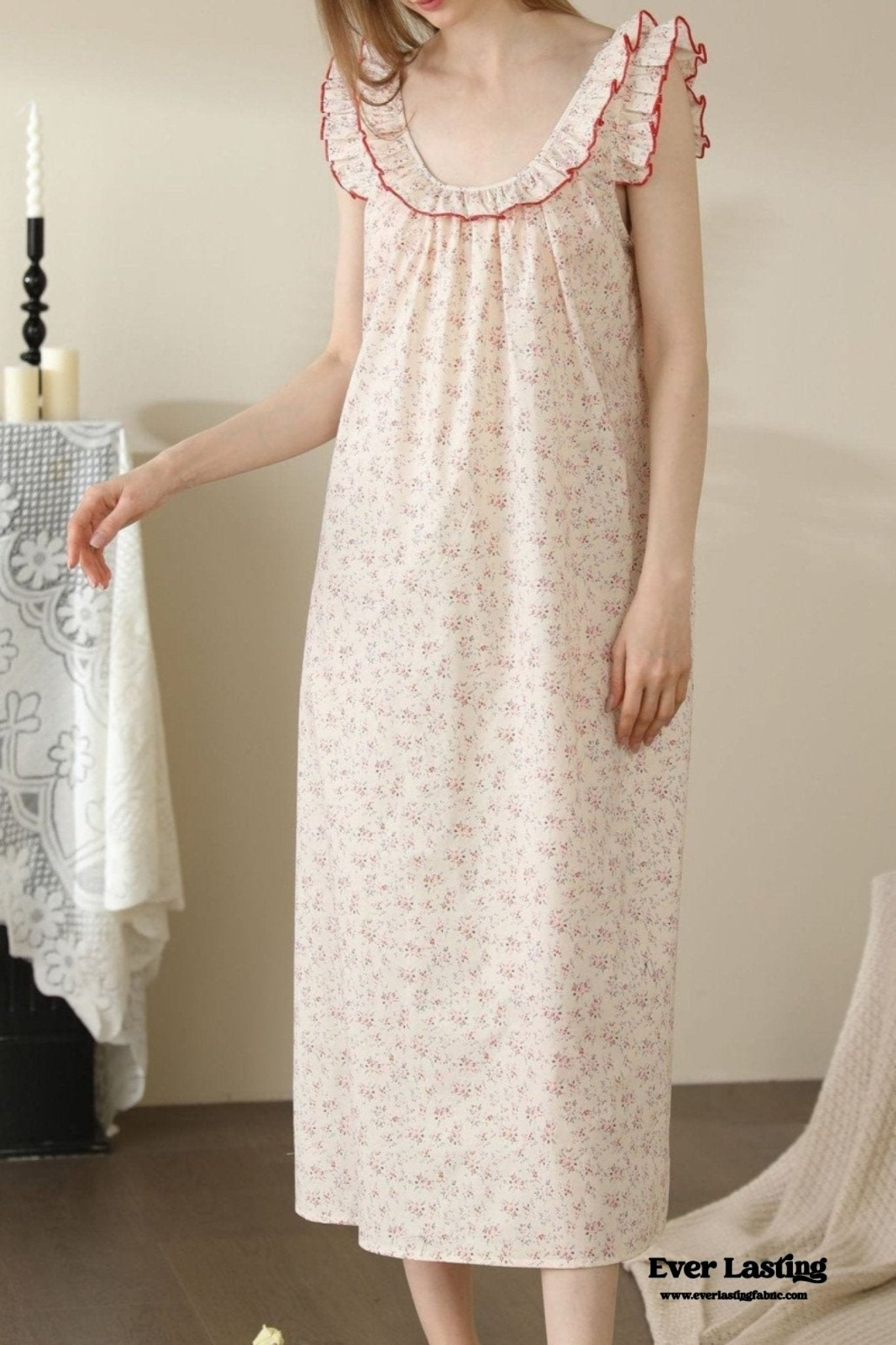 Floral Ruffle Lounge Pajamas Nightgown Dress / Beige - Ever Lasting