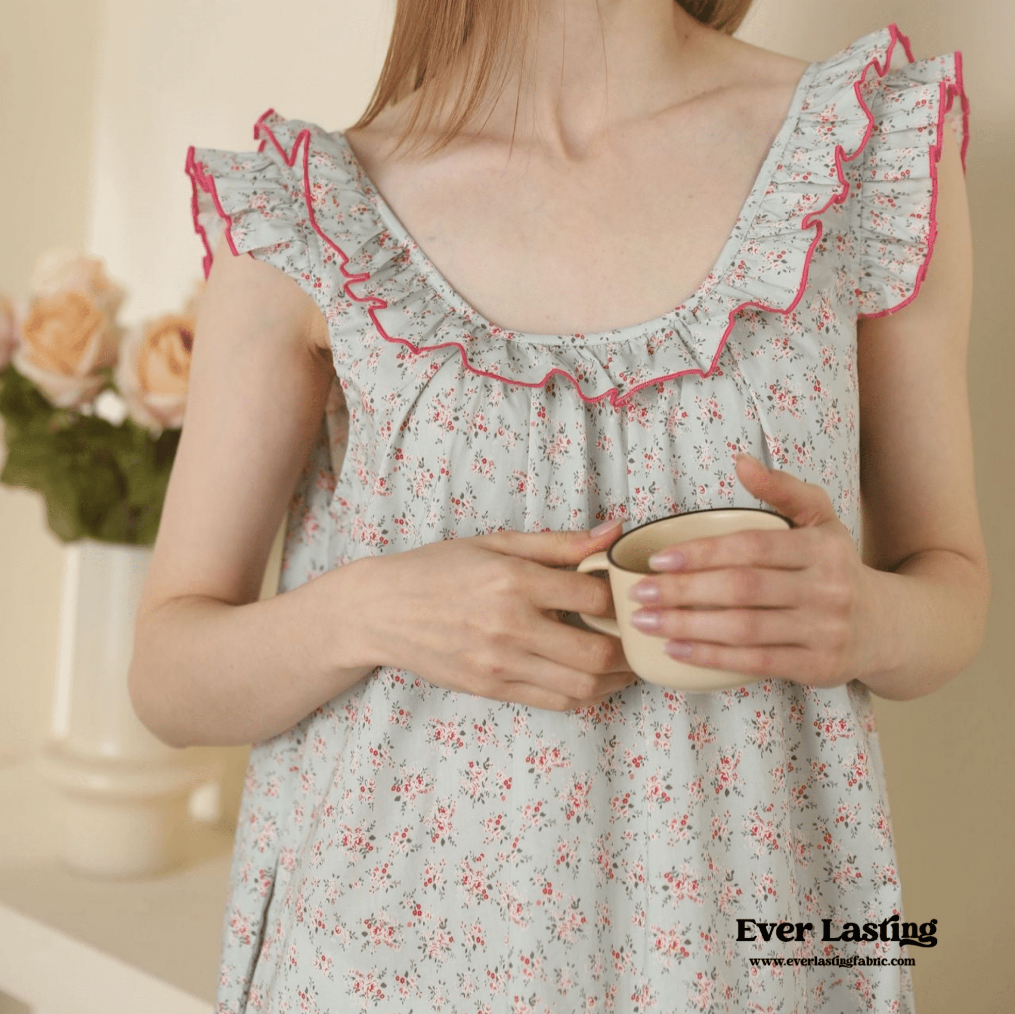 Floral Ruffle Lounge Pajamas Nightgown Dress / Beige - Ever Lasting