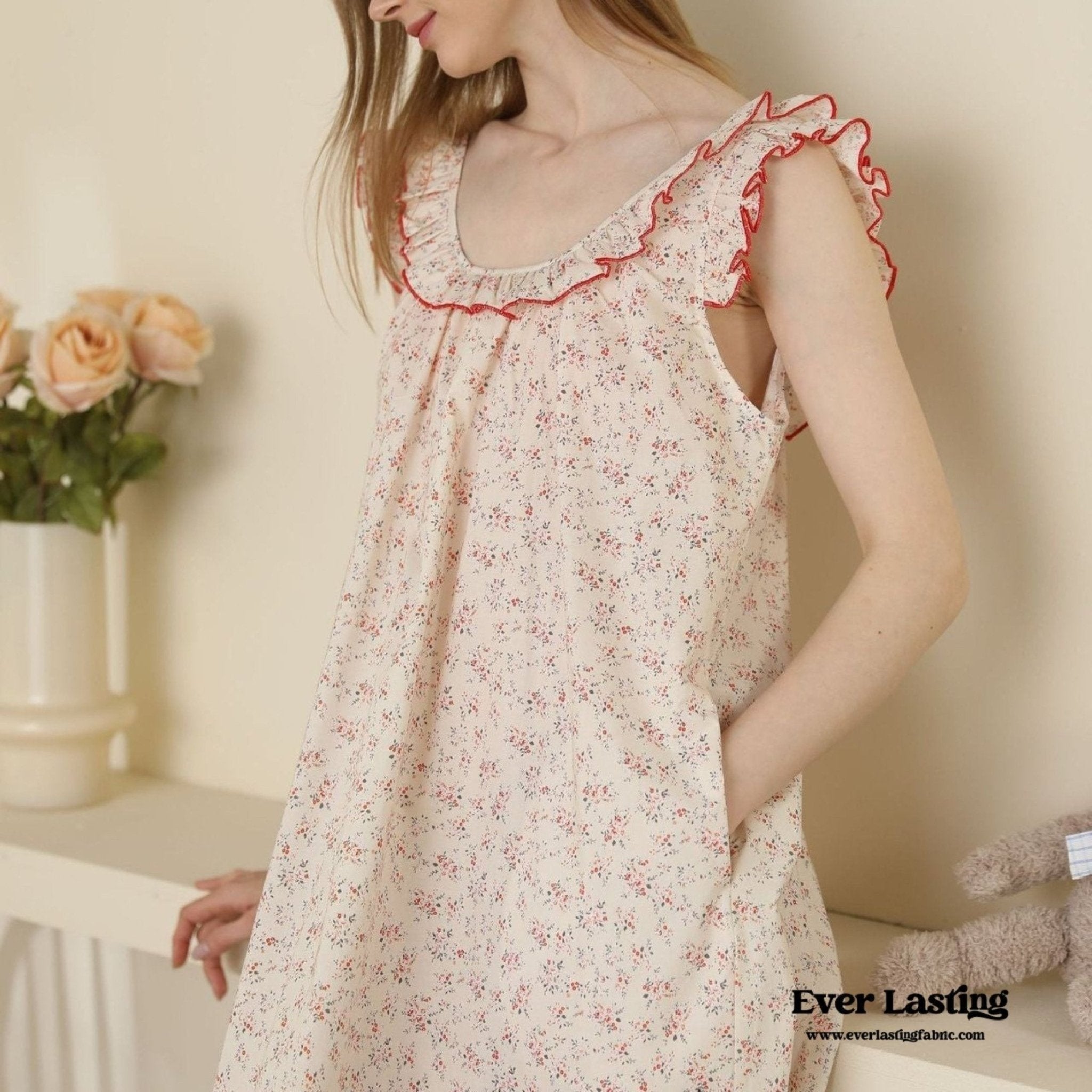 Floral Ruffle Lounge Pajamas Nightgown Dress / Beige - Ever Lasting