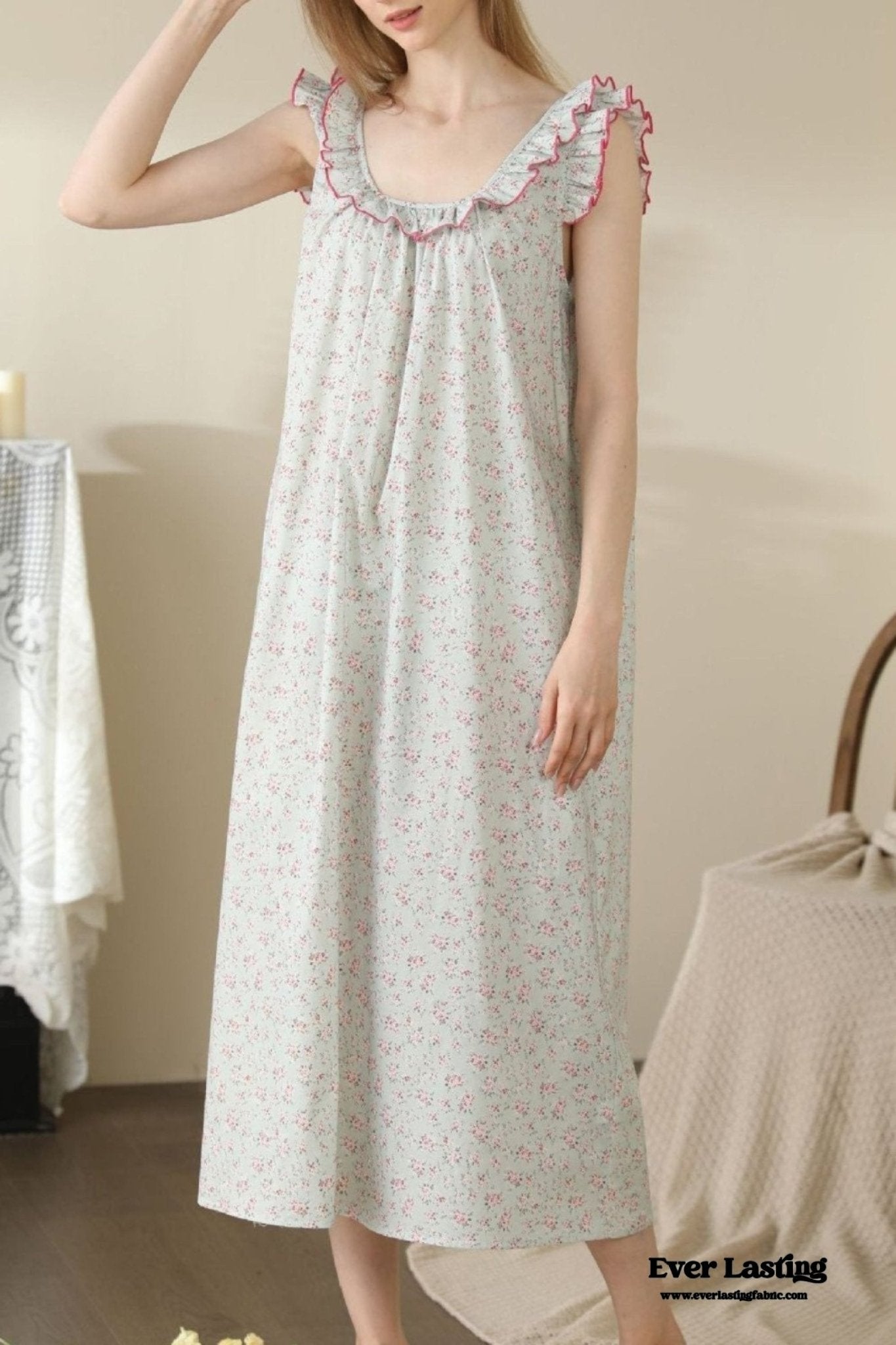 Floral Ruffle Lounge Pajamas Nightgown Dress / Beige - Ever Lasting
