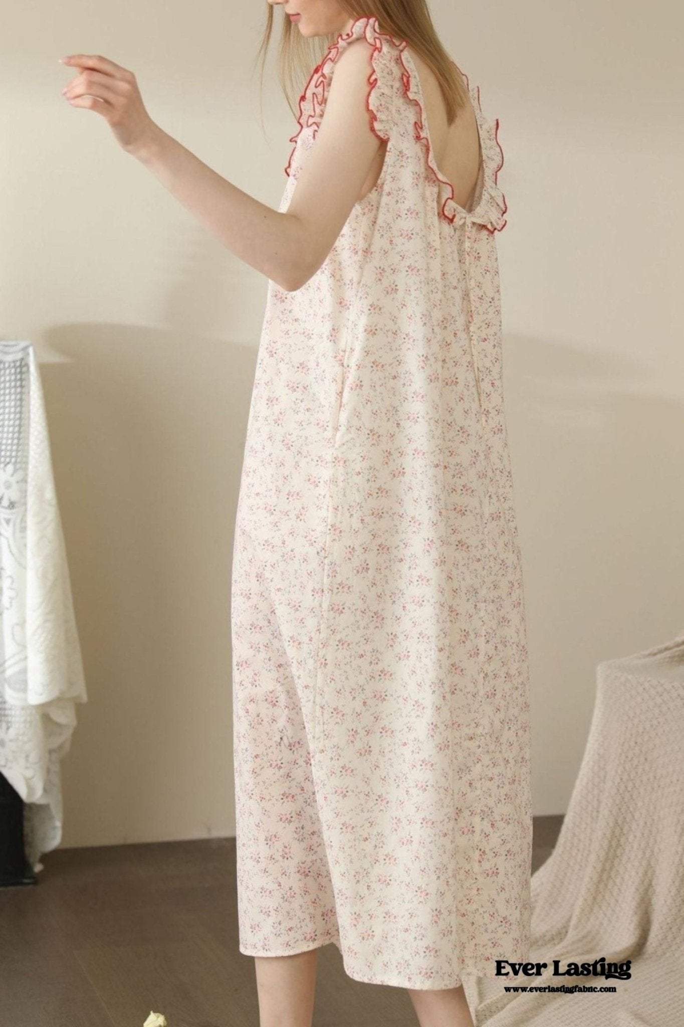 Floral Ruffle Lounge Pajamas Nightgown Dress / Beige - Ever Lasting