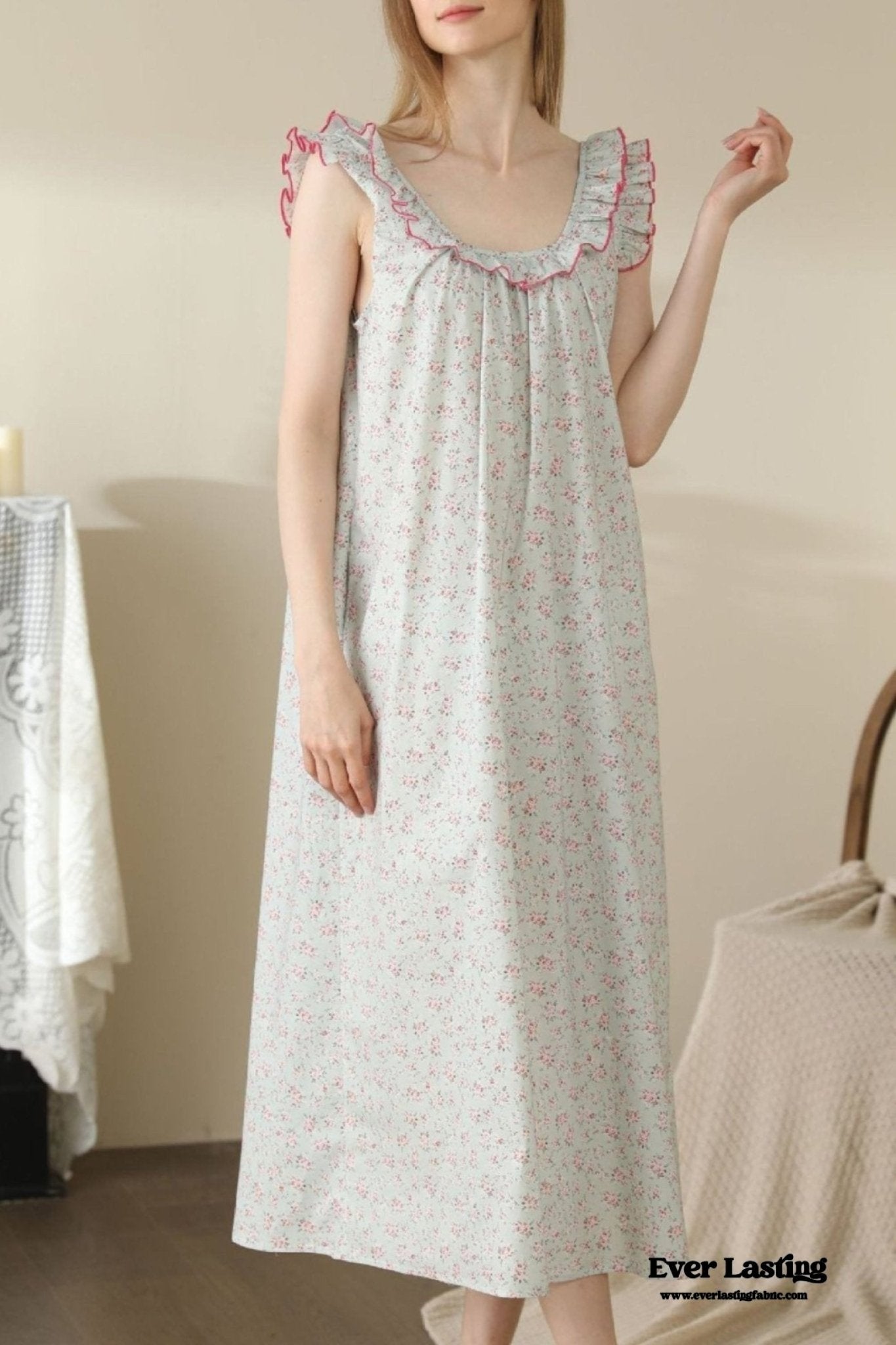 Floral Ruffle Lounge Pajamas Nightgown Dress / Beige - Ever Lasting