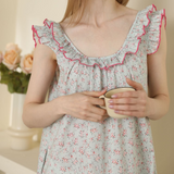 Floral Ruffle Lounge Pajamas Nightgown Dress / Beige