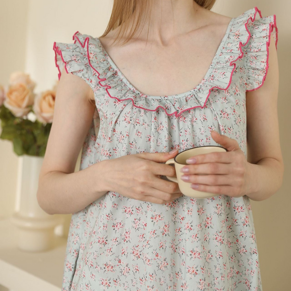 Floral Ruffle Lounge Pajamas Nightgown Dress / Blue