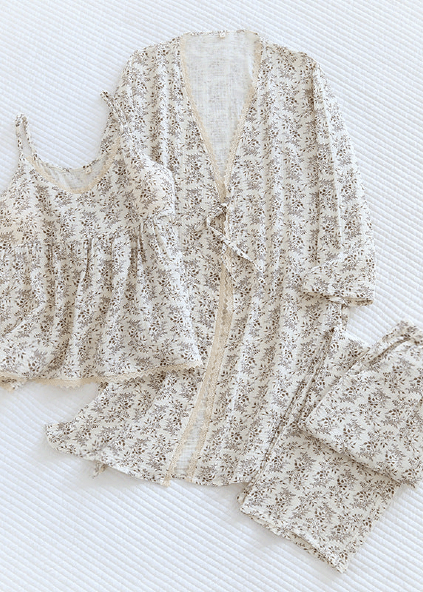 Floral V Tank and Long Pants with Cardigan Cotton Pajama Set / Blue - Ever Lasting