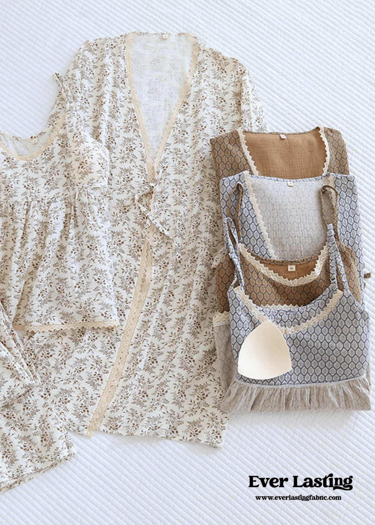 Floral V Tank and Long Pants with Cardigan Cotton Pajama Set / Blue - Ever Lasting