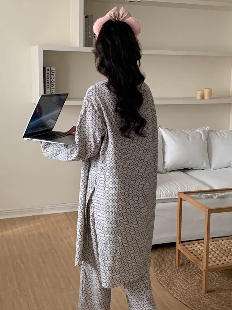 Floral V Tank & Long Pants with Cardigan Cotton Pajama Set | Cozy