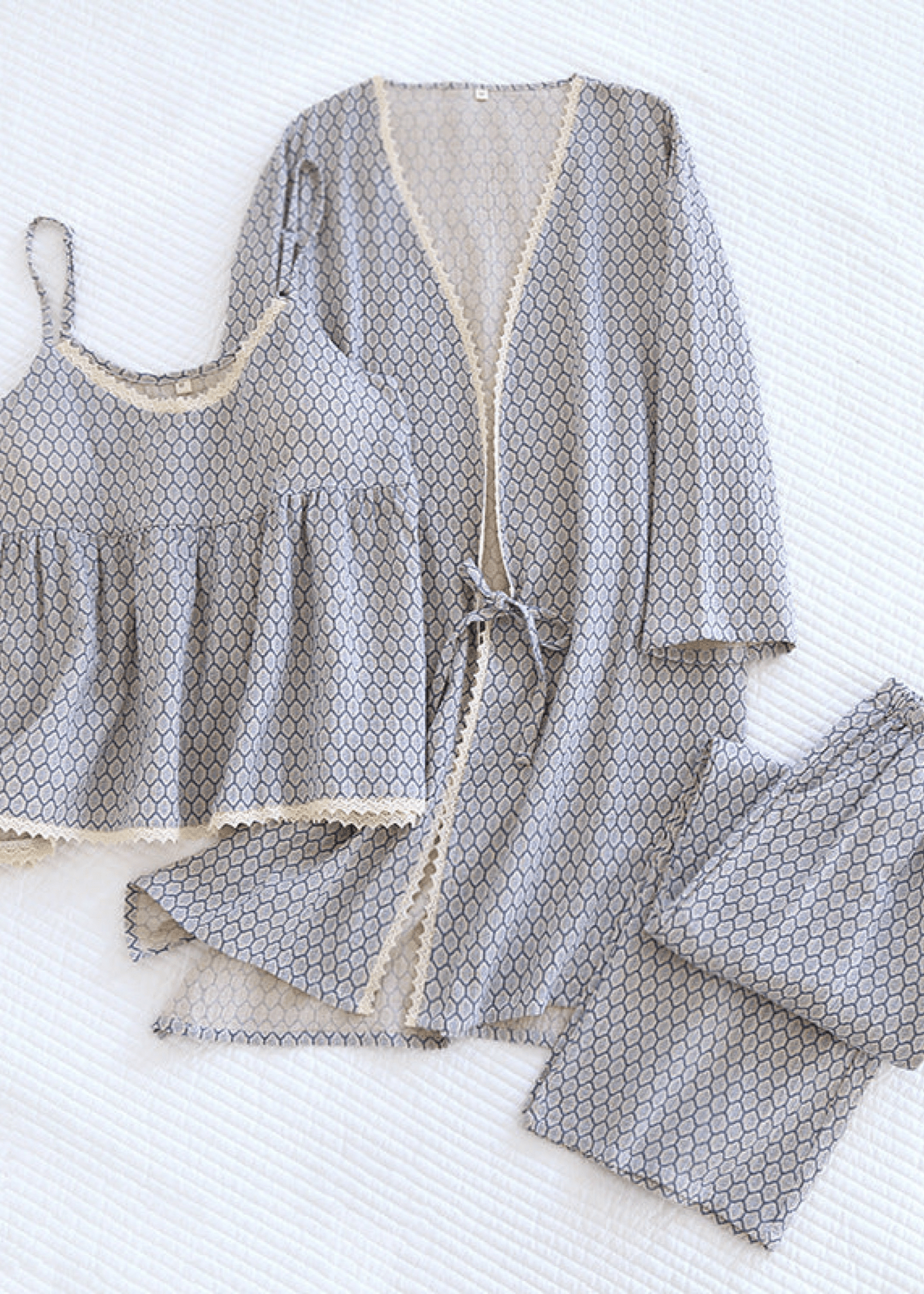  - Ever Lasting - Floral V Tank and Long Pants with Cardigan Cotton Pajama Set / Blue - Pajamas - Ever Lasting