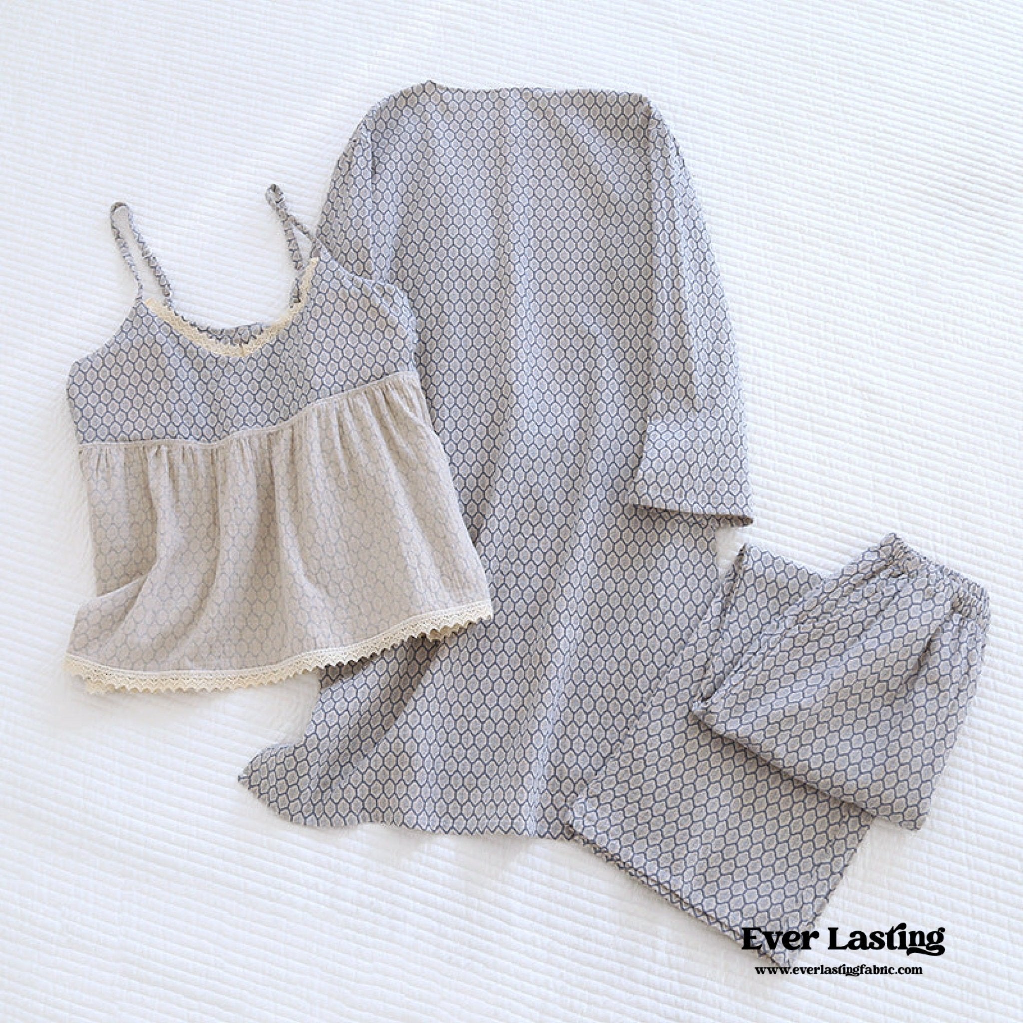  - Ever Lasting - Floral V Tank and Long Pants with Cardigan Cotton Pajama Set / Blue - Pajamas - Ever Lasting