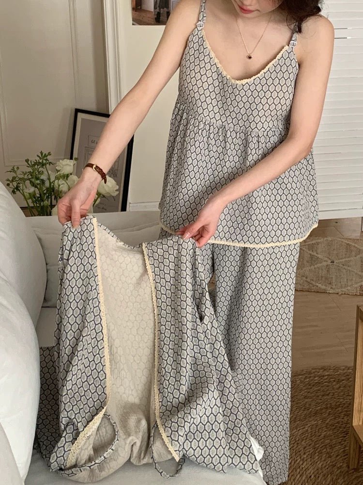  - Ever Lasting - Floral V Tank and Long Pants with Cardigan Cotton Pajama Set / Blue - Pajamas - Ever Lasting