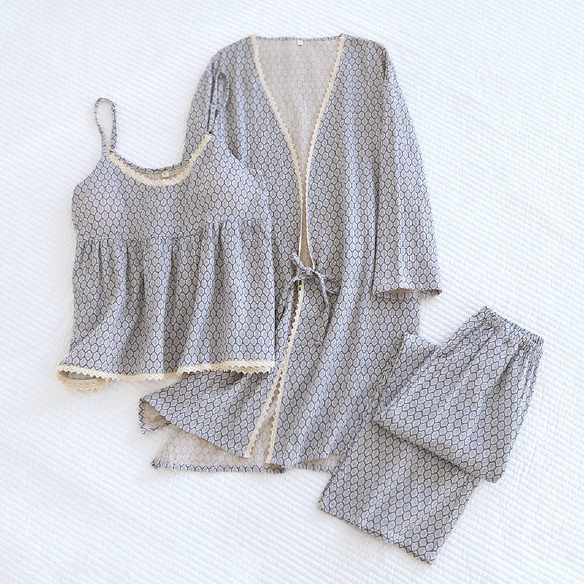  - Ever Lasting - Floral V Tank and Long Pants with Cardigan Cotton Pajama Set / Blue - Pajamas - Ever Lasting