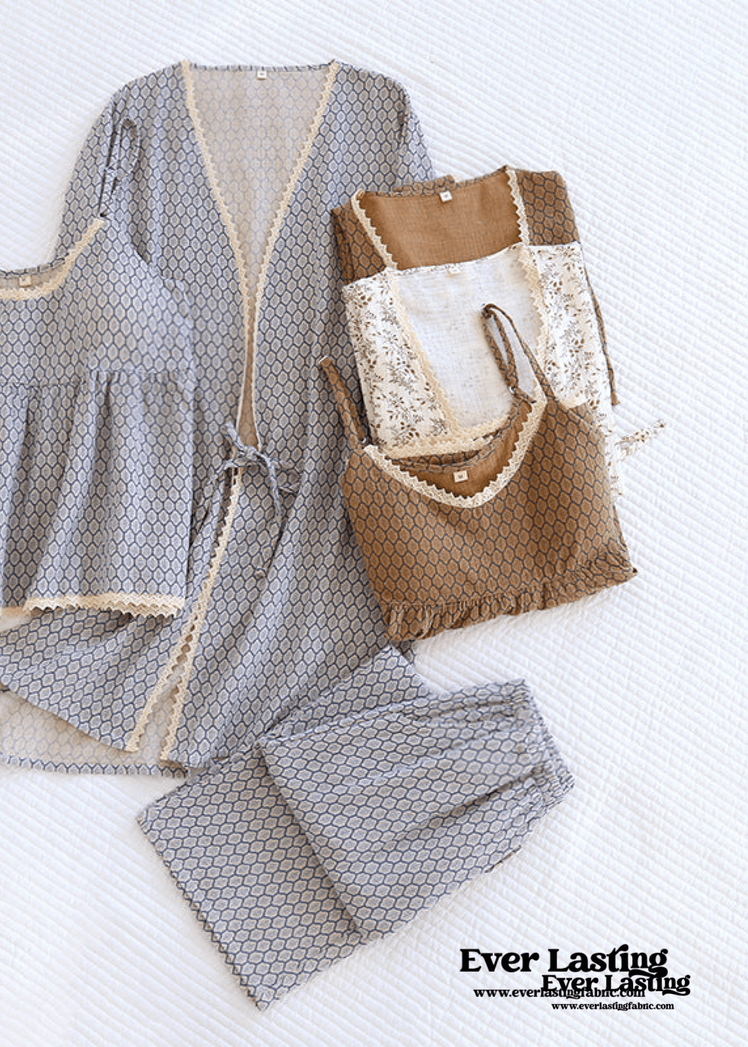 Floral V Tank and Long Pants with Cardigan Cotton Pajama Set / White - Ever Lasting