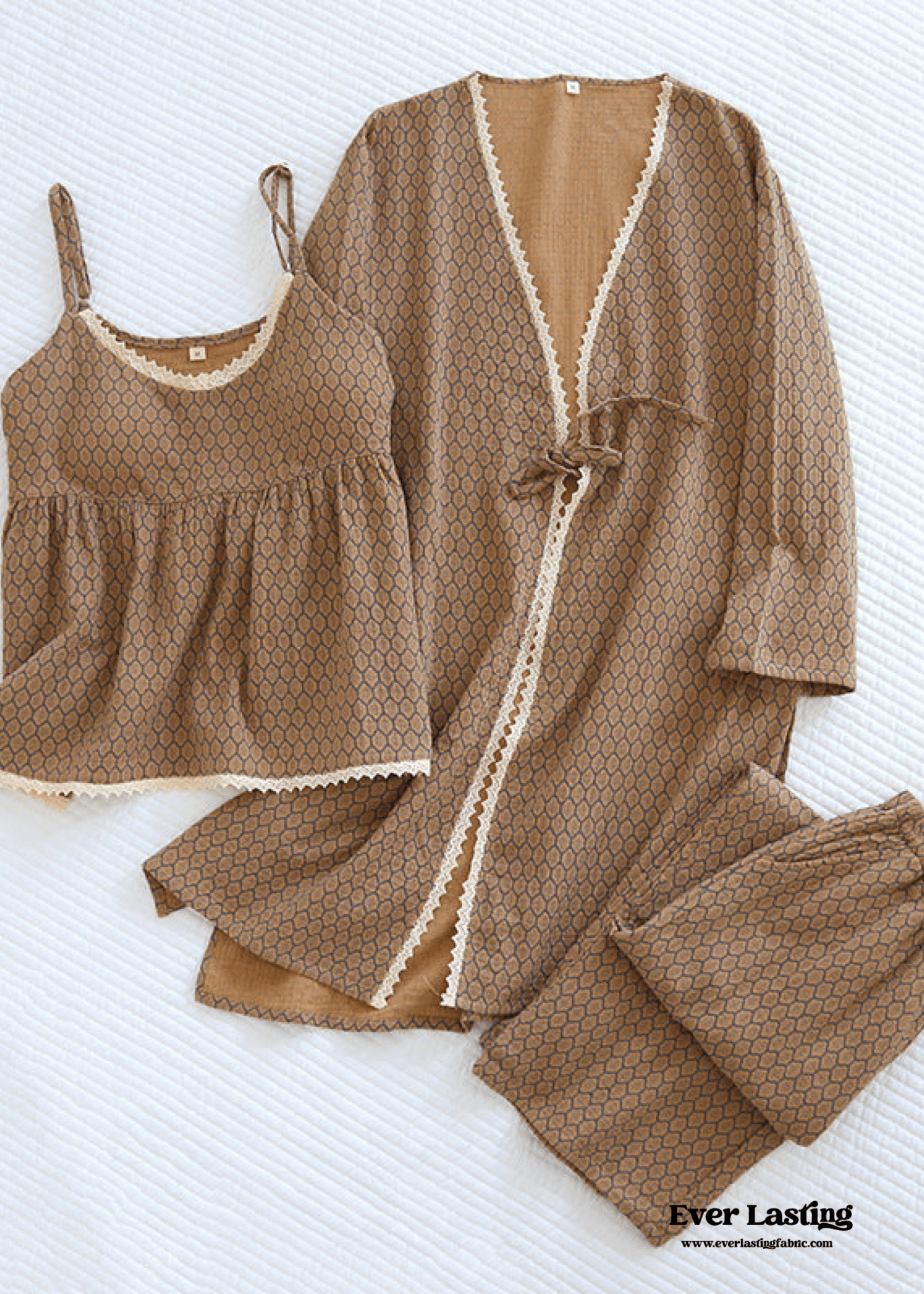 Floral V Tank and Long Pants with Cardigan Cotton Pajama Set / White - Ever Lasting