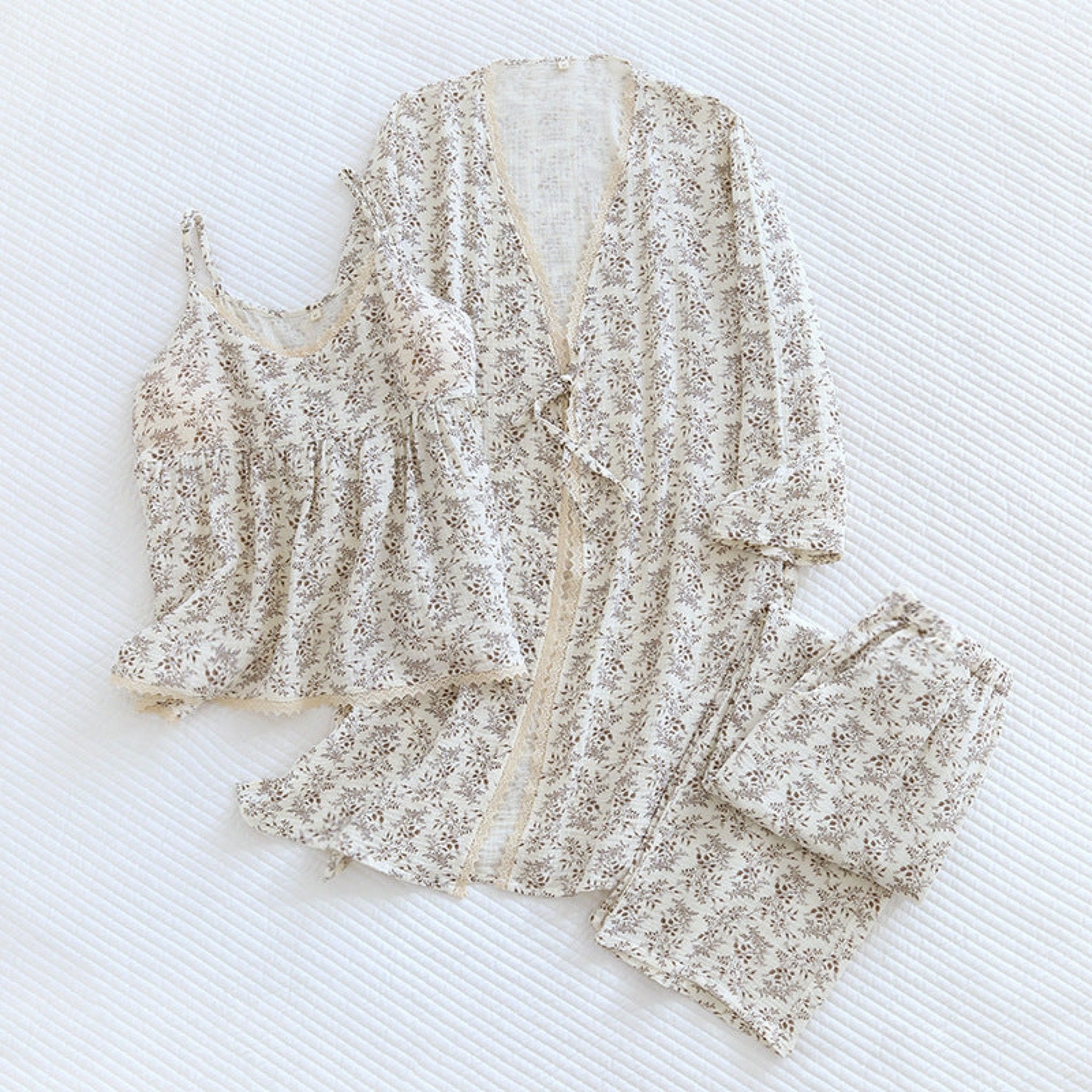 Floral V Tank and Long Pants with Cardigan Cotton Pajama Set / White - Ever Lasting