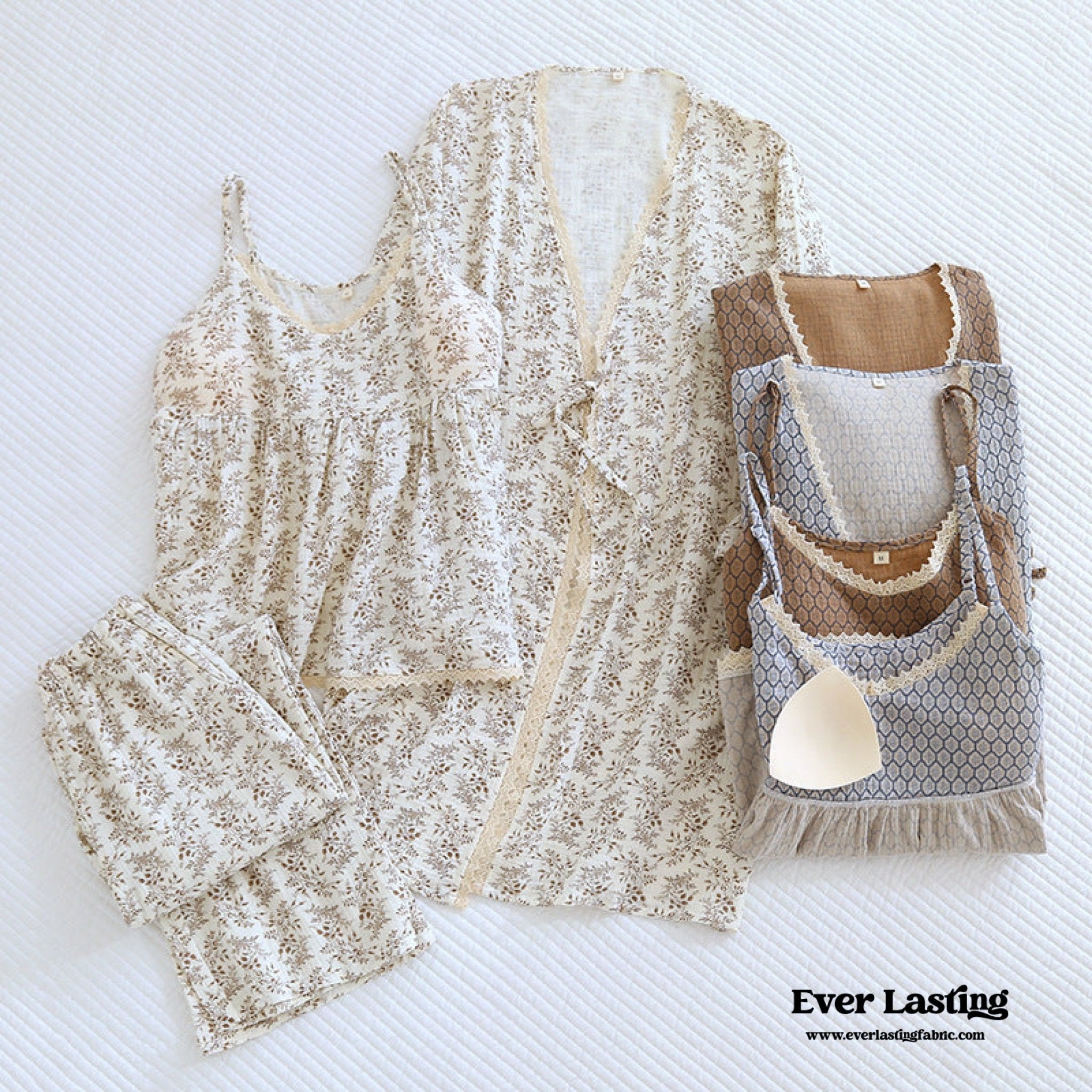 Floral V Tank and Long Pants with Cardigan Cotton Pajama Set / White - Ever Lasting