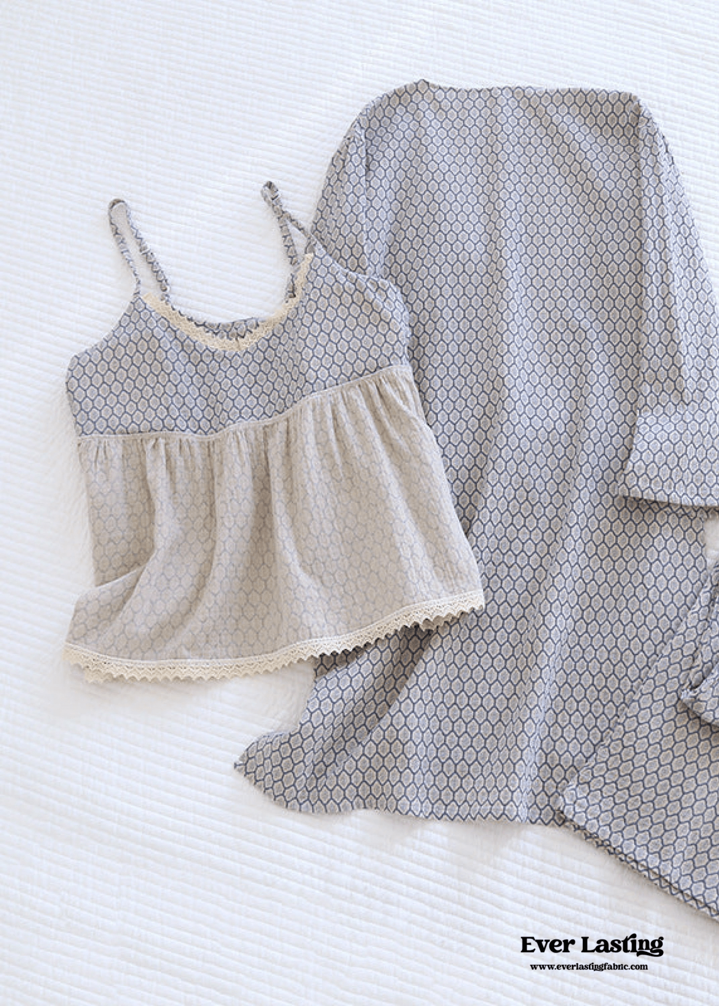 Floral V Tank and Long Pants with Cardigan Cotton Pajama Set / White - Ever Lasting