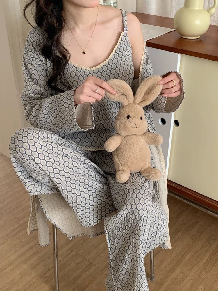  - Ever Lasting - Floral V Tank and Long Pants with Cardigan Cotton Pajama Set / White - Pajamas - Ever Lasting