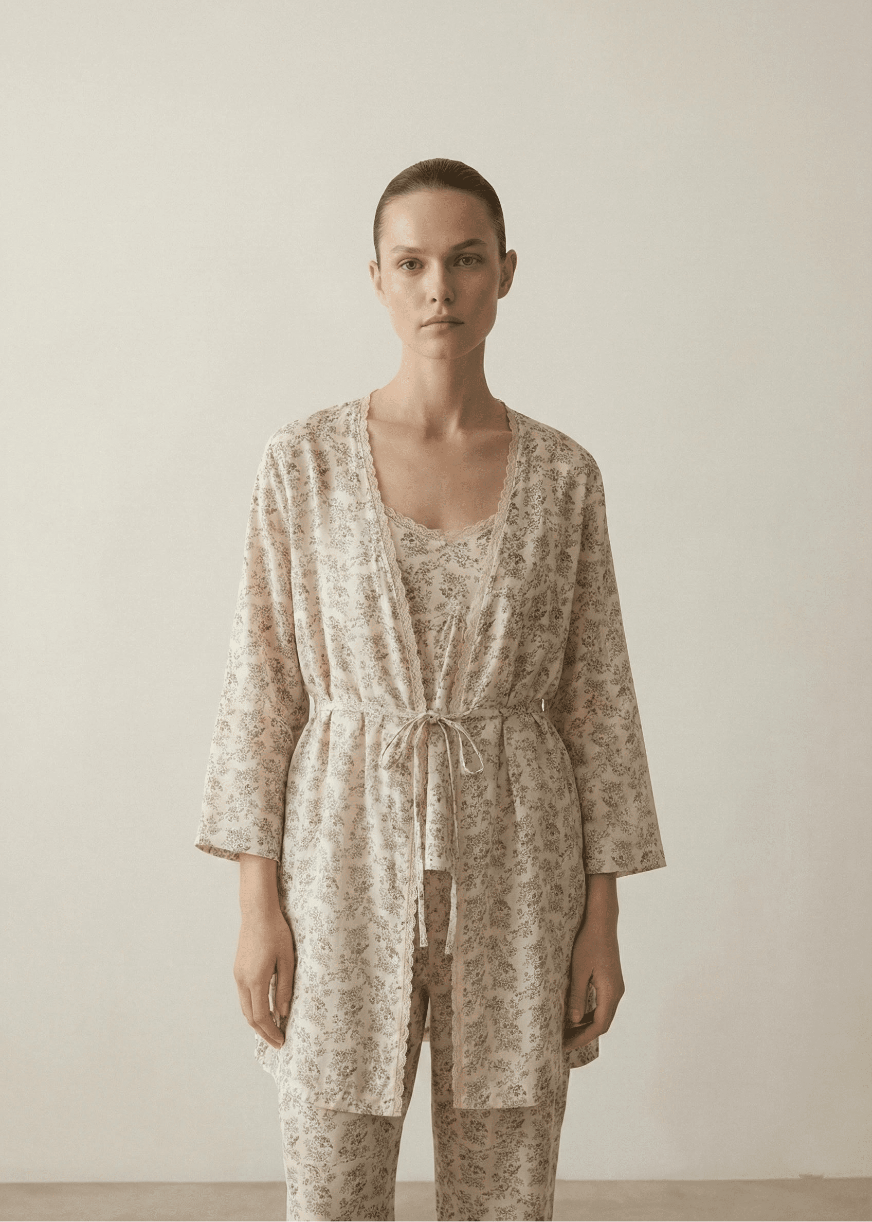  - Ever Lasting - Floral V Tank and Long Pants with Cardigan Cotton Pajama Set / White - Pajamas - Ever Lasting
