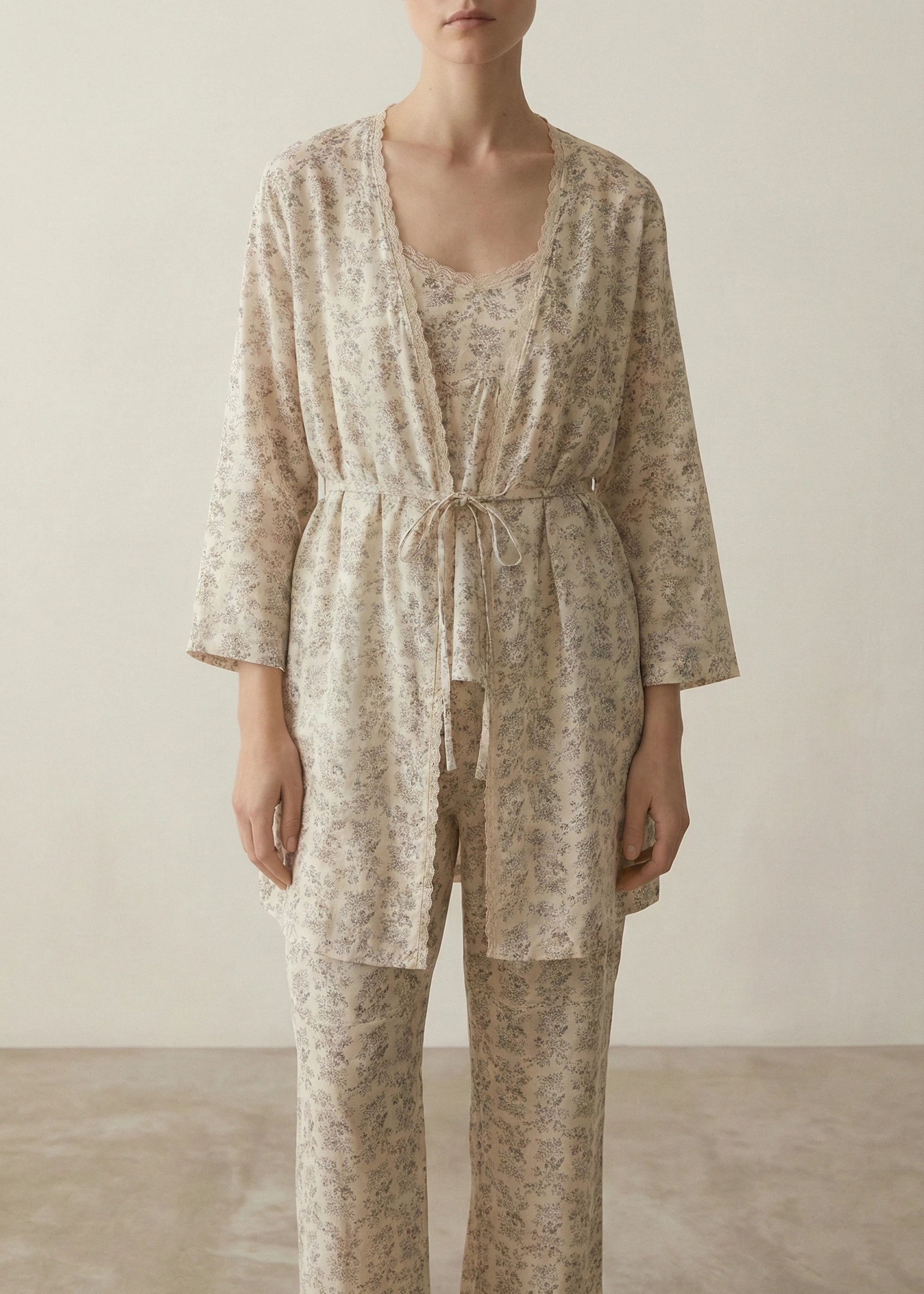  - Ever Lasting - Floral V Tank and Long Pants with Cardigan Cotton Pajama Set / White - Pajamas - Ever Lasting