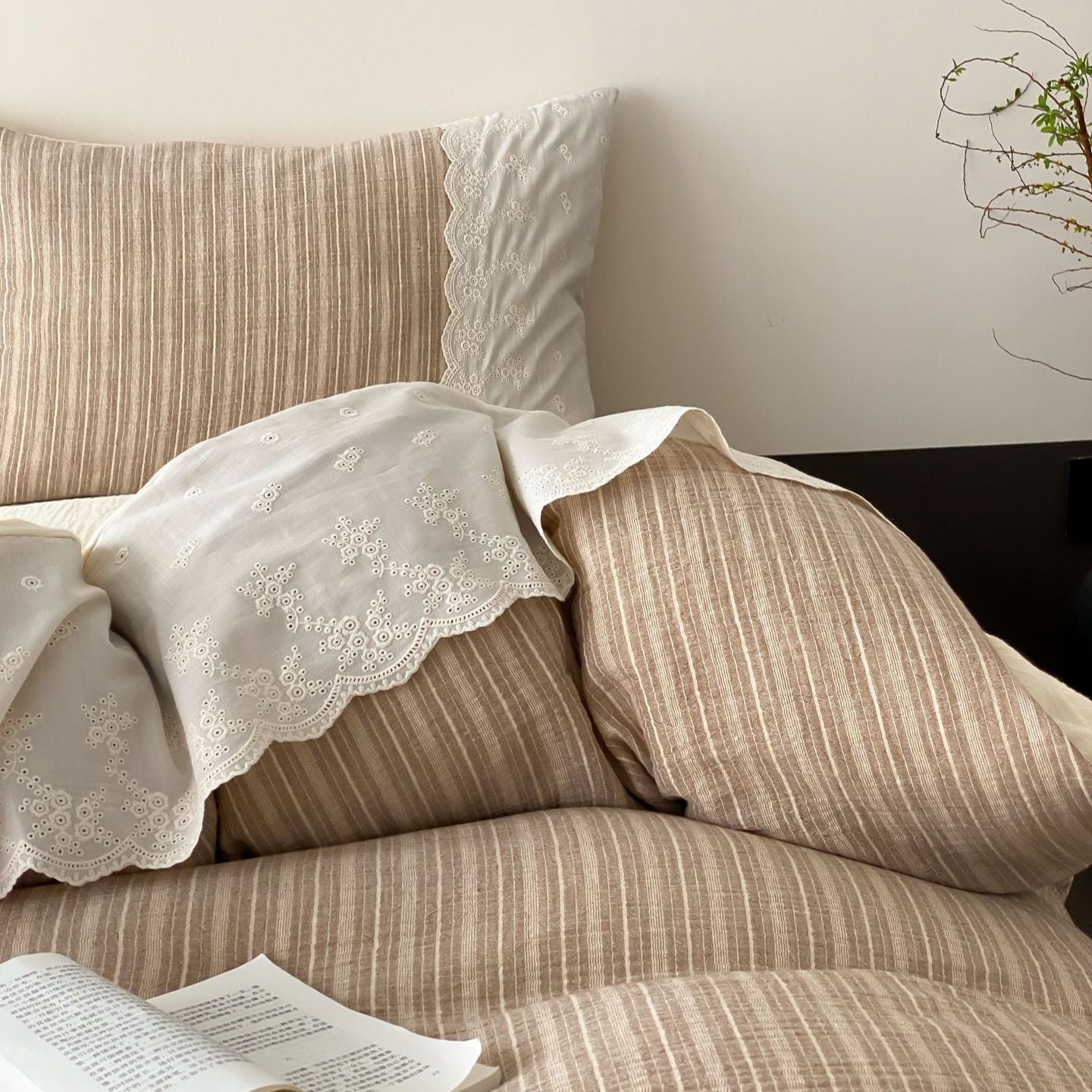 Florence Lace Double Gauze Striped Bedding Bundle - Ever Lasting