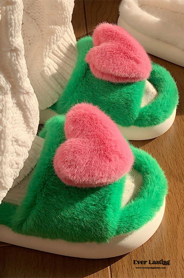 Fluffy Heart Platform Slipper / Green Pink