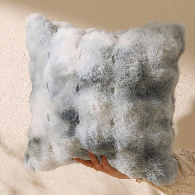 Fluffy Plush Square Pillow / White Gray Mix Pillowcase