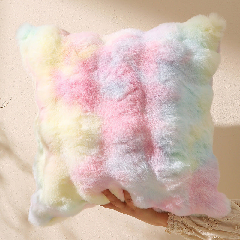 Fluffy Plush Square Pillow / White Rainbow Mix Pillowcase