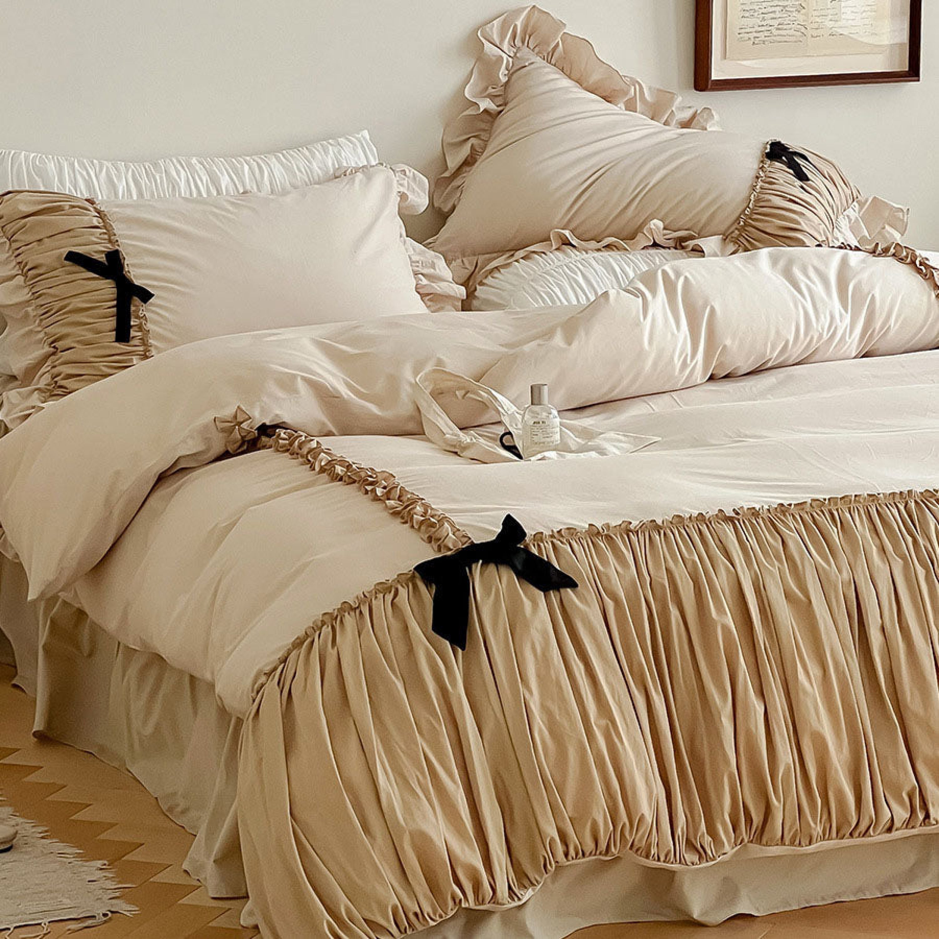 French Beige Ribbon Ruffle Bedding Set Medium / Bed Skirt