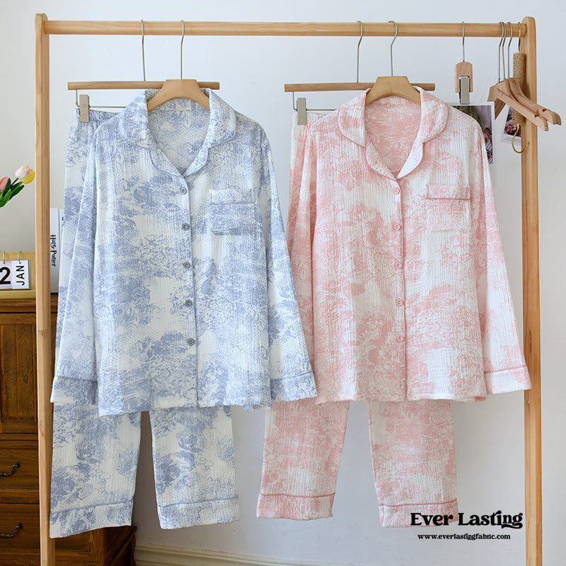 French Cottage Long Sleeves And Pants Cotton Pajama Set / Blue Pajamas