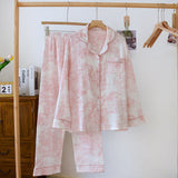 French Cottage Long Sleeves And Pants Cotton Pajama Set / Blue Pink Small/Medium Pajamas