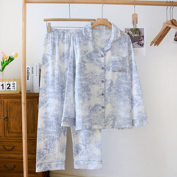 French Cottage Long Sleeves And Pants Cotton Pajama Set / Blue Small/Medium Pajamas