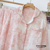 French Cottage Long Sleeves And Pants Cotton Pajama Set / Pink Pajamas